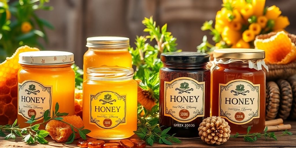 Golden Greek honey drizzling from a wooden dipper.